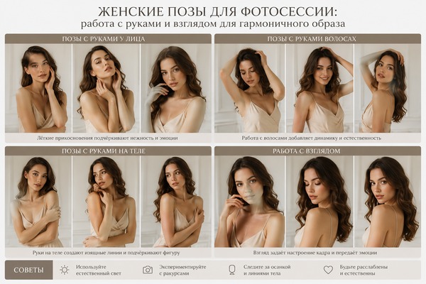 Женские позы для фотосессии: секреты работы с руками и взглядом для создания гармоничного образа, советы по позированию и управлению эмоциями в кадре